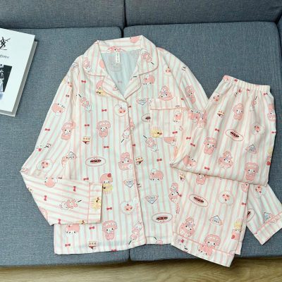 KiHan – Đồ Ngủ Nữ Dài Tay Kẻ Sọc Hồng Họa Tiết Thỏ My Melody