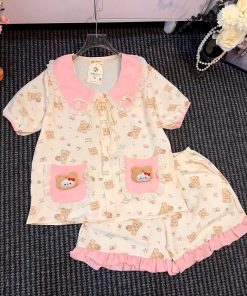 Kihan - Bộ Pijama Nữ Teddy Hồng Pastel Phối Nơ Bèo.