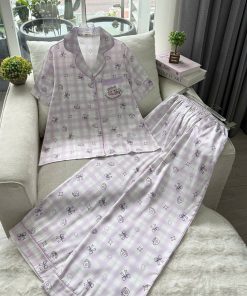 Kihan - Bộ Pijama Nữ Purple Kitty – Caro Tím Pastel Họa Tiết Mèo